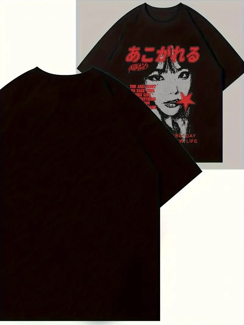 Y2K Oversized Graphic T-Shirt – Japanese Letter & Figure Print Crew Neck Tee for Women | Casual Streetwear for Summer & Spring