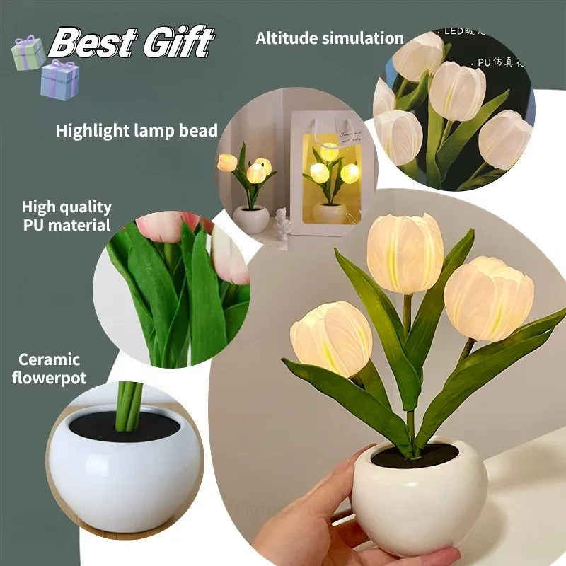 1pc USB LED Tulip Flower Lamp with Vase | Simulation Tulip Night Light Table Decor | Best Mother’s Day Gift