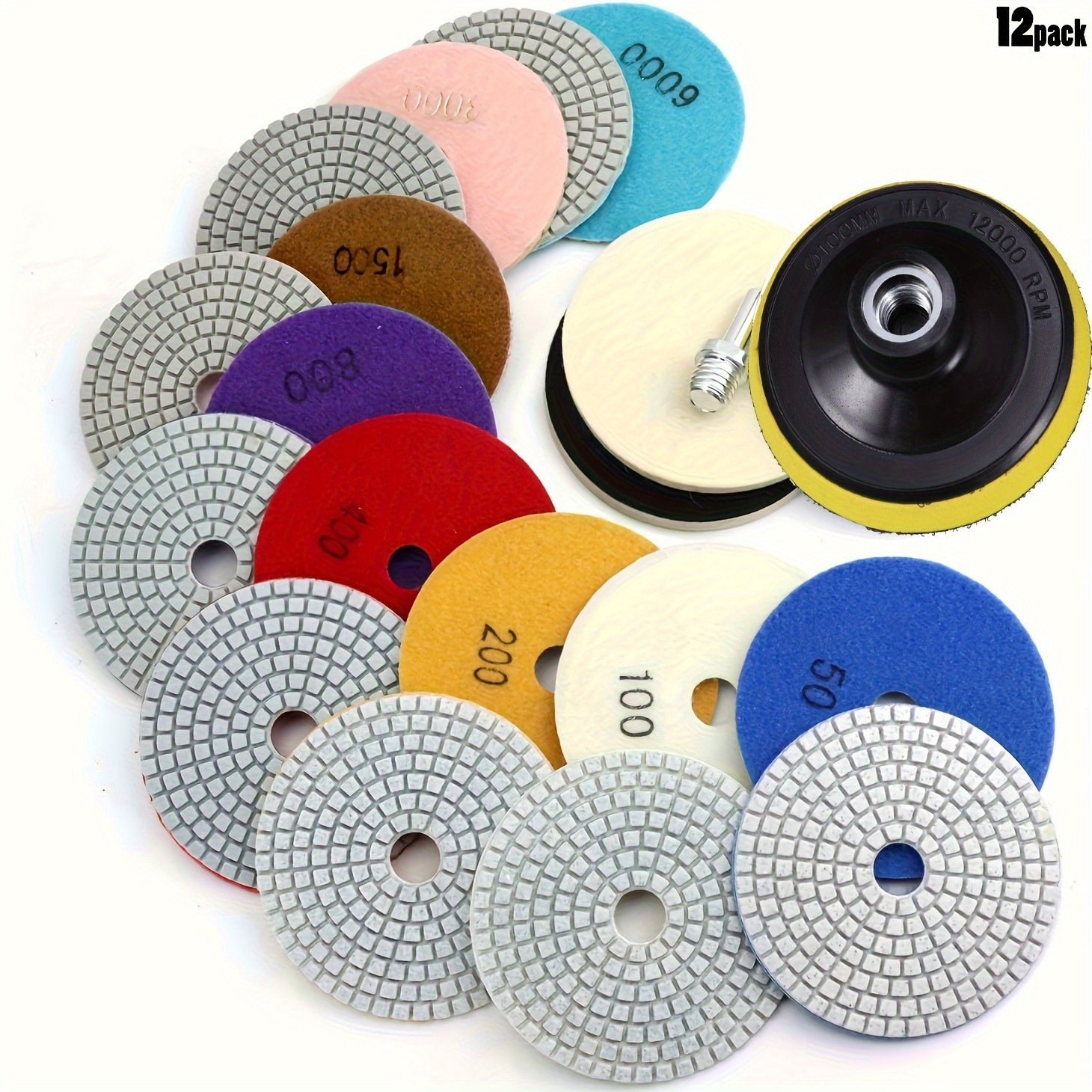 12pcs 4in Diamond Polishing Disc Set – Wet/Dry Grinding and Polishing Pads with 50-6000 Grit for Granite, Concrete, Marble, Stone Countertops, and Quartz Stone