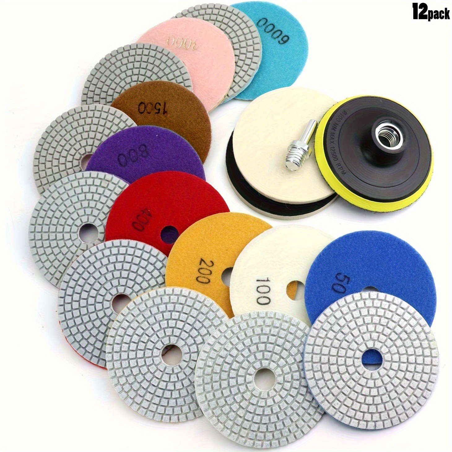 12pcs 4in Diamond Polishing Disc Set – Wet/Dry Grinding and Polishing Pads with 50-6000 Grit for Granite, Concrete, Marble, Stone Countertops, and Quartz Stone
