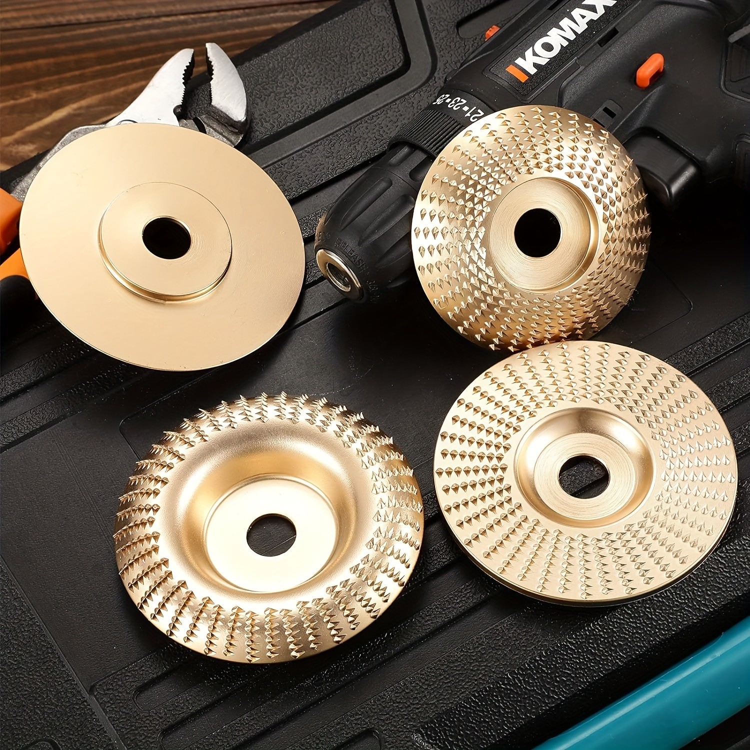 3pcs Wood Carving Disc Set – 4-1/2 Inch Attachments with 5/8 Inch Arbor – Grinding Wheel for Grinding and Shaping – Golden