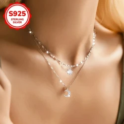 Stylish S925 Sterling Silver Double Layer Necklace | Star and Moon Pendant with Sparkling Zirconia - Hypoallergenic Jewelry for Daily Wear & Gift Giving