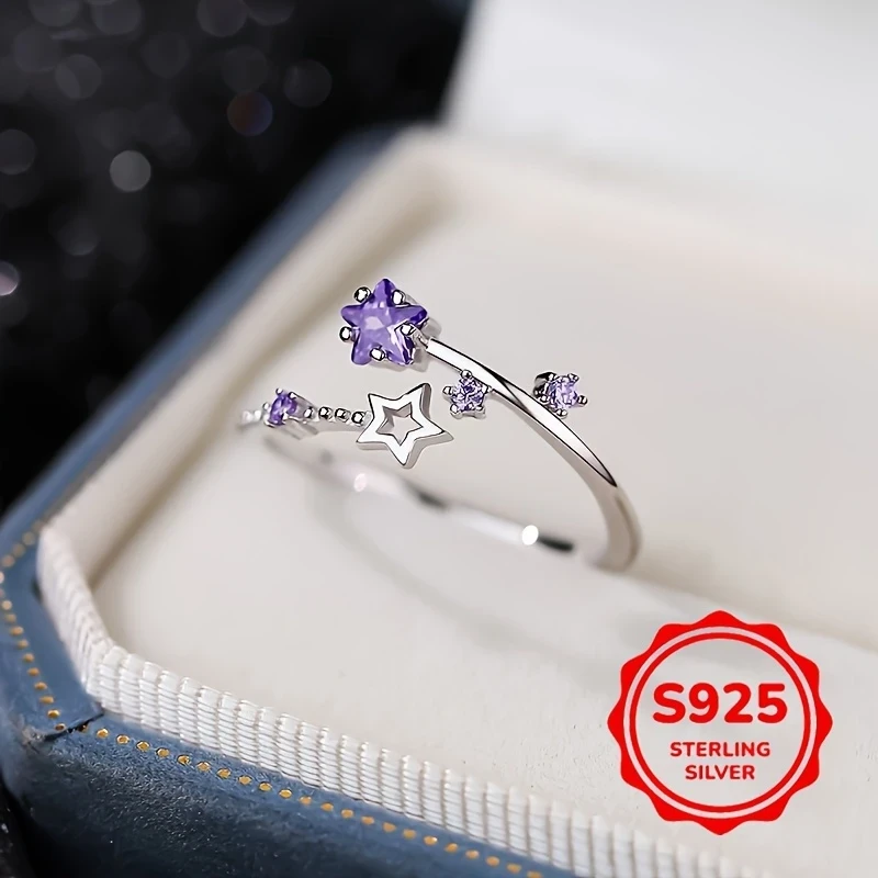Boho Adjustable S925 Sterling Silver Star Ring | Cubic Zirconia Accent | Lightweight & Elegant Gift for Daily Wear, Parties & Holidays