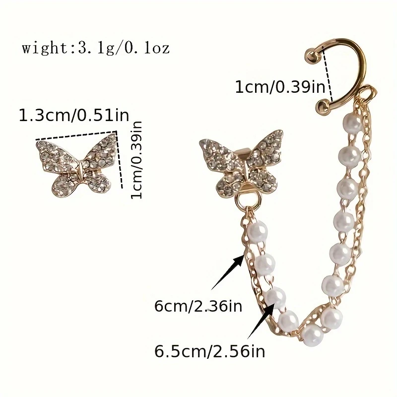 Butterfly & Pearl Chain Tassel Earring Set | 1 Pair Gold-Tone Micro-Pave Butterfly Stud with Double Pearl Ear Clip | Fairycore Valentine’s Day Jewelry for Girls
