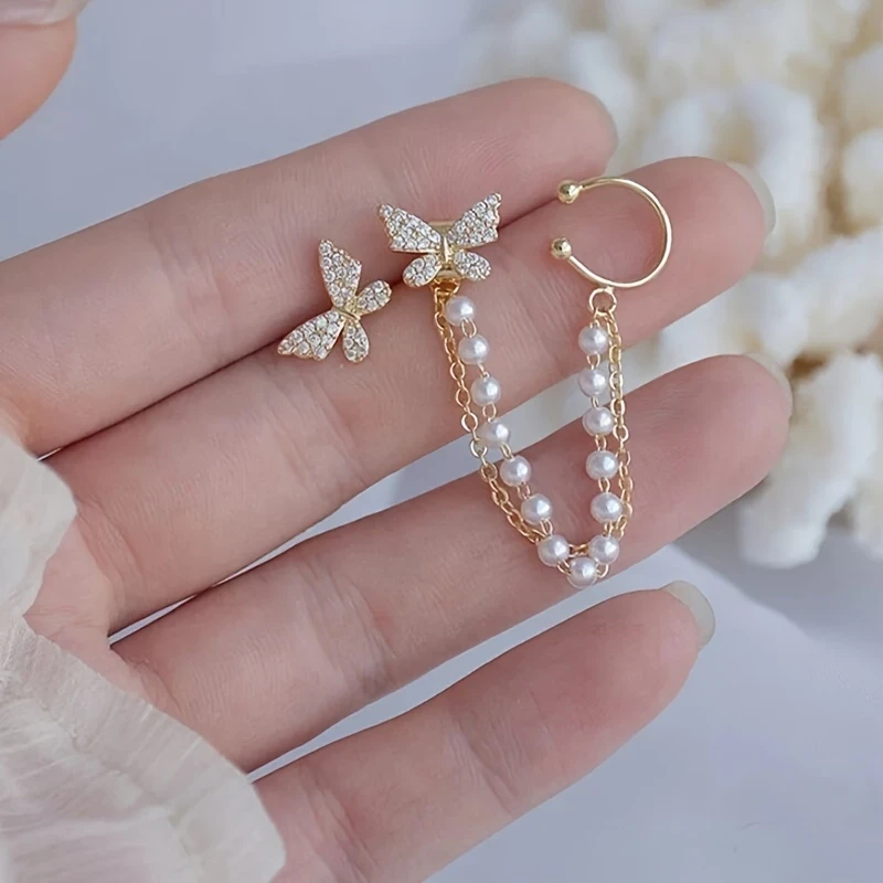Butterfly & Pearl Chain Tassel Earring Set | 1 Pair Gold-Tone Micro-Pave Butterfly Stud with Double Pearl Ear Clip | Fairycore Valentine’s Day Jewelry for Girls