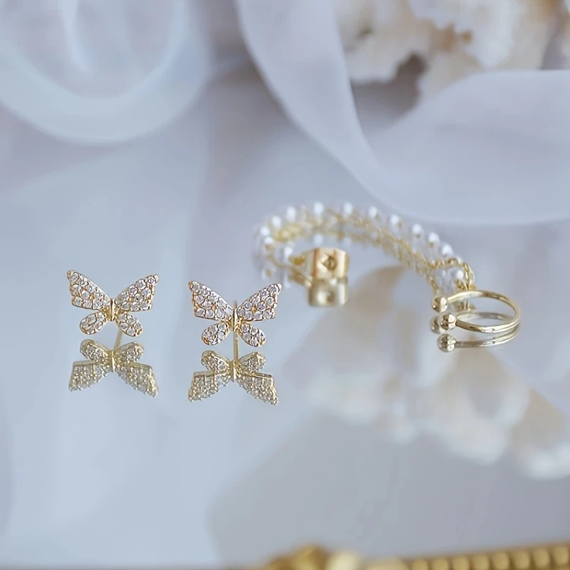 Butterfly & Pearl Chain Tassel Earring Set | 1 Pair Gold-Tone Micro-Pave Butterfly Stud with Double Pearl Ear Clip | Fairycore Valentine’s Day Jewelry for Girls