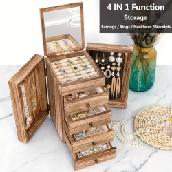 5-Tier Rustic Wooden Jewelry Box with Mirror & Drawers