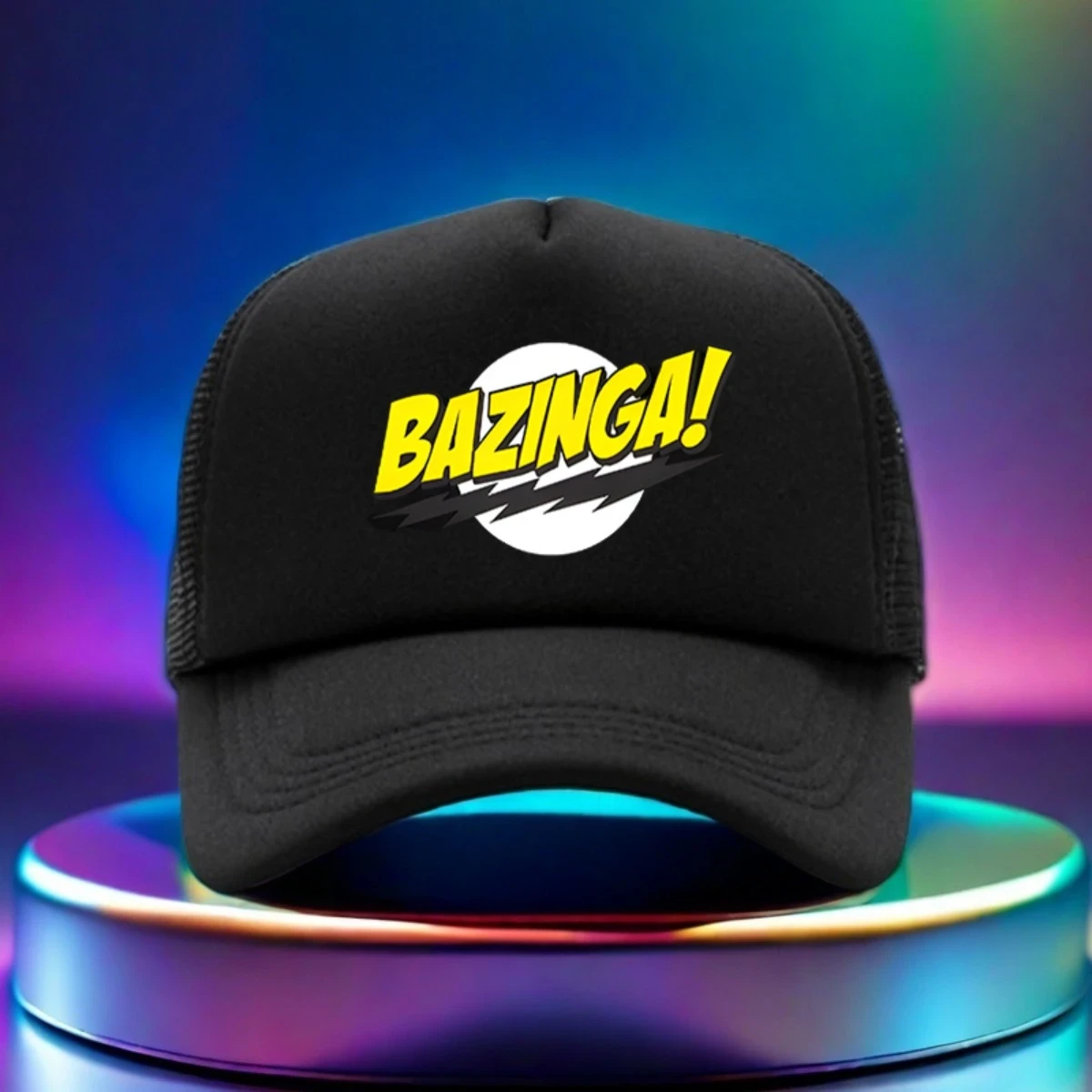 1pc Adjustable Golf Baseball Cap with Bold BAZINGA! Graphic Print – Black Textile Material Hat for Hiking, Running, and Casual Wear