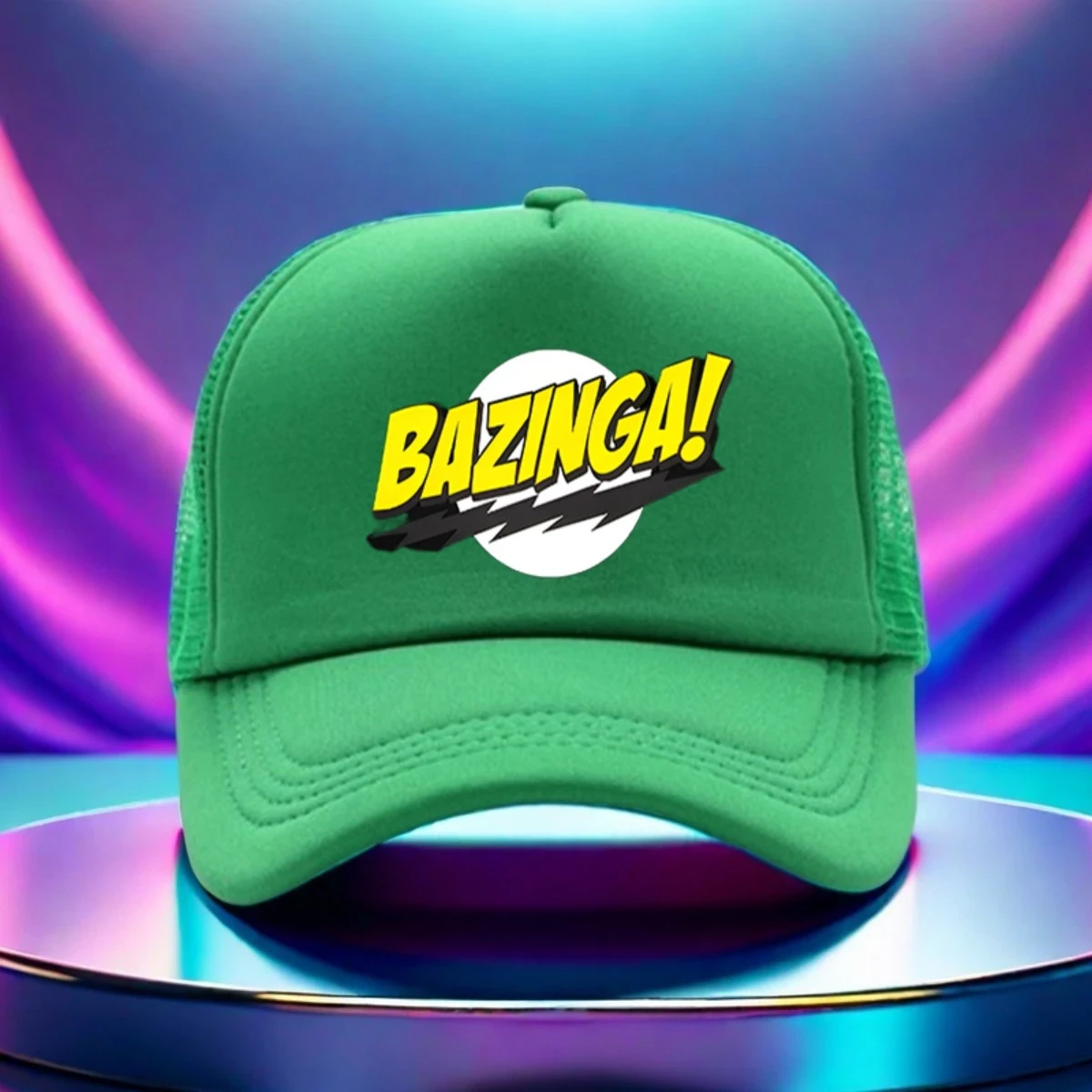 1pc Adjustable Golf Baseball Cap with Bold BAZINGA! Graphic Print – Black Textile Material Hat for Hiking, Running, and Casual Wear