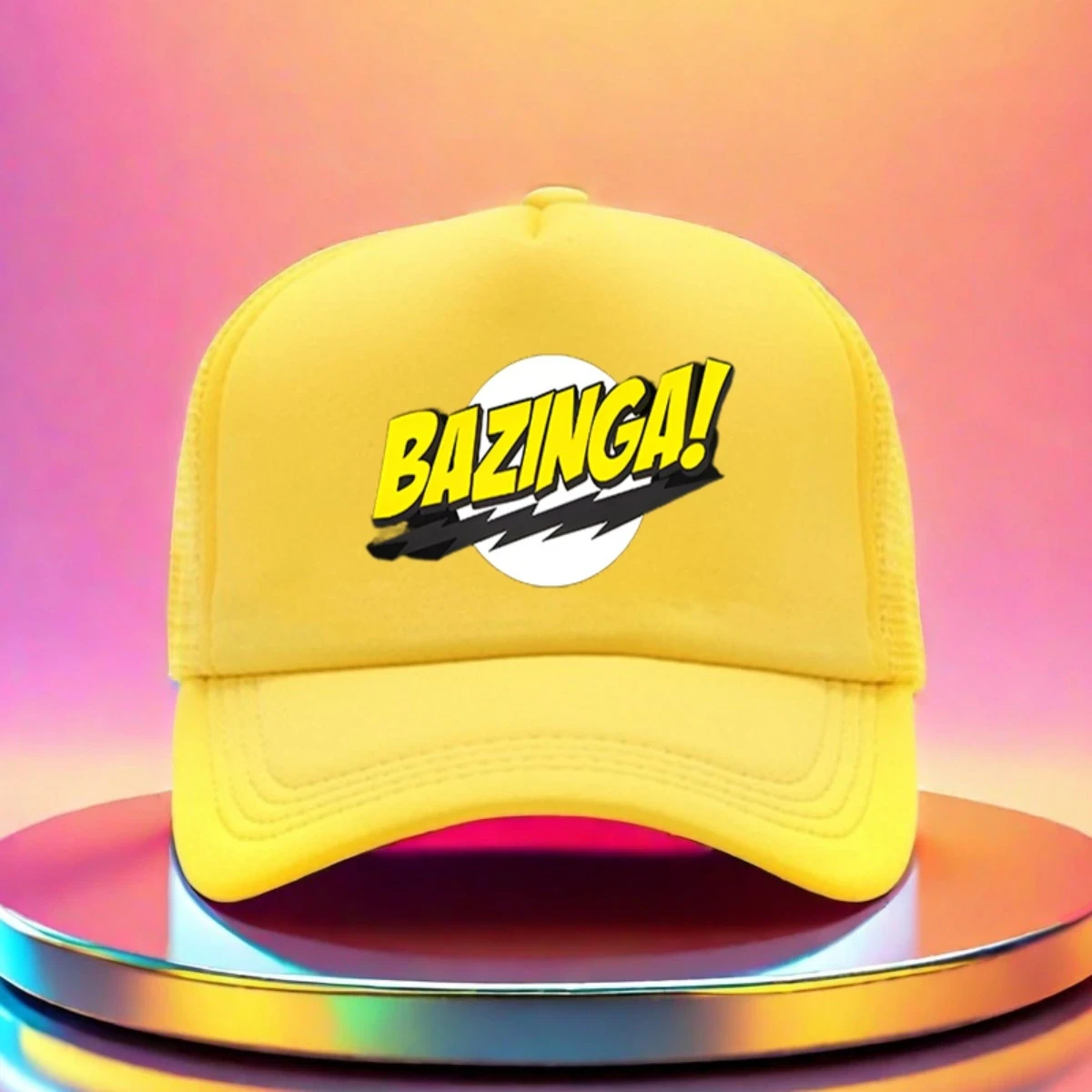 1pc Adjustable Golf Baseball Cap with Bold BAZINGA! Graphic Print – Black Textile Material Hat for Hiking, Running, and Casual Wear