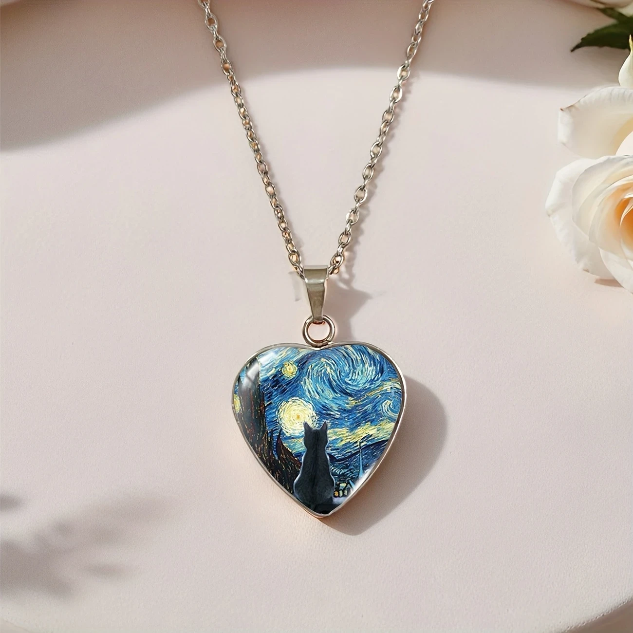 JWEIJIAO Starry Night Black Cat Heart-Shaped Pendant Necklace – Bohemian Style Stainless Steel Jewelry with Van Gogh Art Design, Perfect Birthday Gift for Men & Women