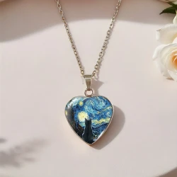 JWEIJIAO Starry Night Black Cat Heart-Shaped Pendant Necklace – Bohemian Style Stainless Steel Jewelry with Van Gogh Art Design, Perfect Birthday Gift for Men & Women