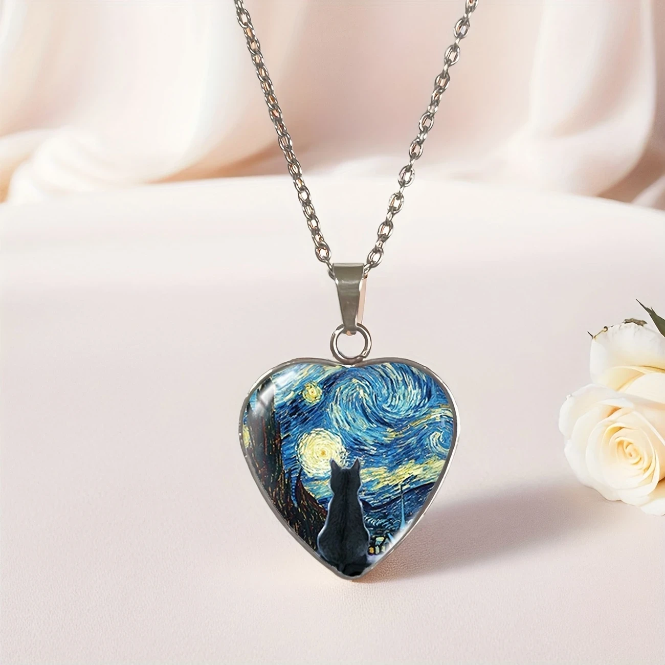 JWEIJIAO Starry Night Black Cat Heart-Shaped Pendant Necklace – Bohemian Style Stainless Steel Jewelry with Van Gogh Art Design, Perfect Birthday Gift for Men & Women