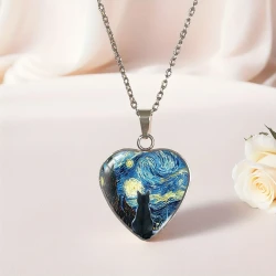 JWEIJIAO Starry Night Black Cat Heart-Shaped Pendant Necklace – Bohemian Style Stainless Steel Jewelry with Van Gogh Art Design, Perfect Birthday Gift for Men & Women