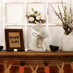 Antique Wood Farmhouse Easter Bunny Statue with Rustic Jute Bows & Beads