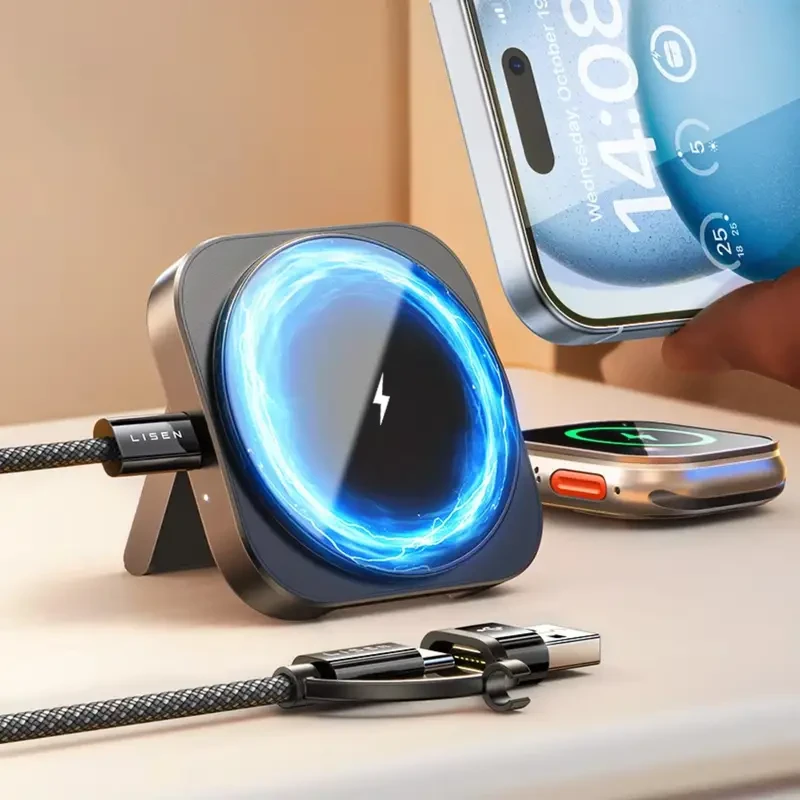 LISEN Third Generation Magnetic Wireless Charger Base, Mini Charging Station, Travel Charging Pad, Portable, Suitable for Multiple Devices, Mobile Phones/ Earphones/ Smart watches, Ffast charging, Long-lasting Life