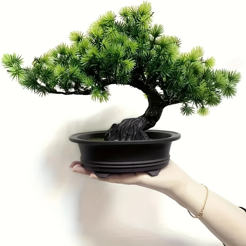 9.5" Artificial Pine Bonsai Tree in Black Pot – Lifelike Indoor Zen Decor for Home, Bathroom, Bookshelf, or Farmhouse Style, Zen Home Decor