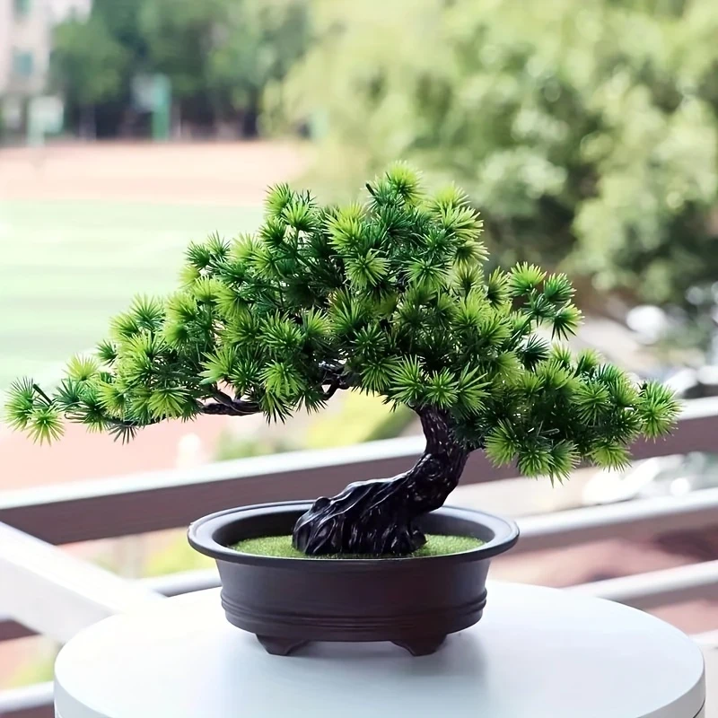 9.5" Artificial Pine Bonsai Tree in Black Pot – Lifelike Indoor Zen Decor for Home, Bathroom, Bookshelf, or Farmhouse Style, Zen Home Decor