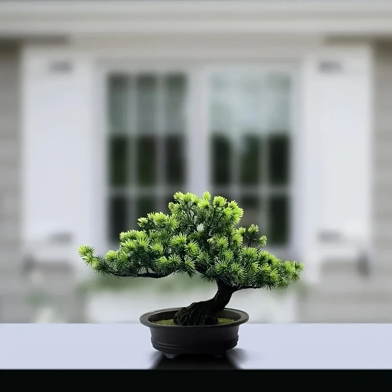 9.5" Artificial Pine Bonsai Tree in Black Pot – Lifelike Indoor Zen Decor for Home, Bathroom, Bookshelf, or Farmhouse Style, Zen Home Decor